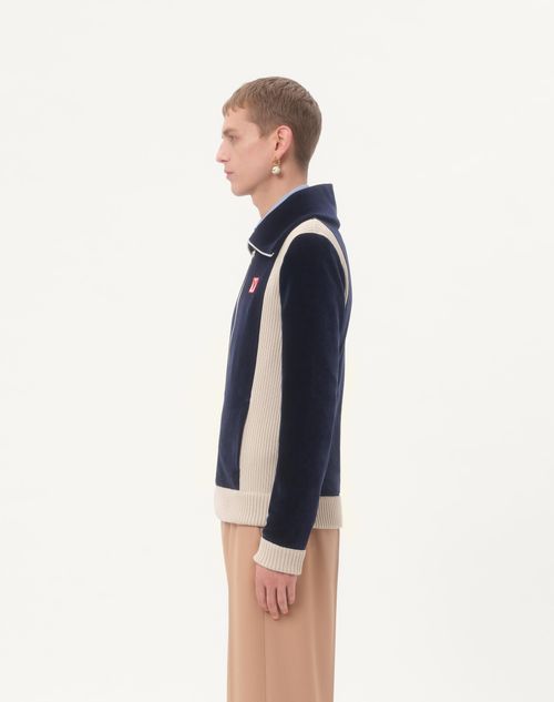 Valentino - Chez Valentino High-neck Chenille Sweatshirt With Zip And Patch - Indigo/butter - Man - Tshirts And Sweatshirts