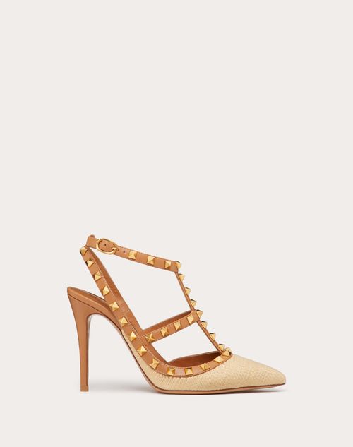Valentino Garavani - Rockstud Raffia Pump With Straps 100 Mm - Natural - Woman - Rockstud Pumps - Shoes