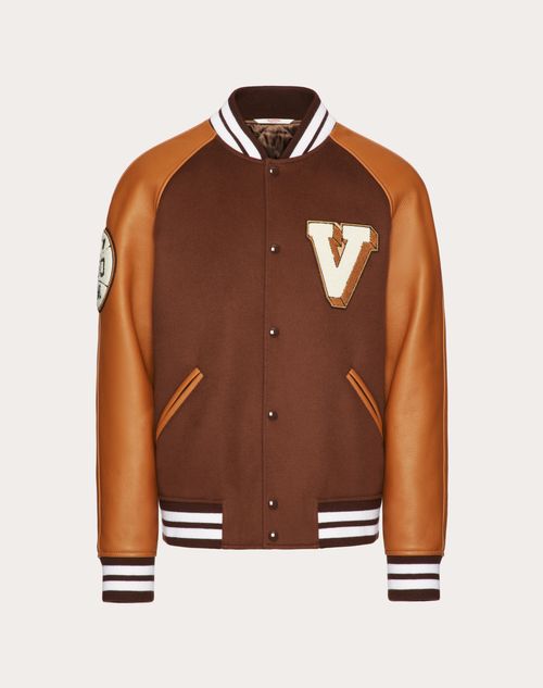 Valentino - Wool Cloth Bomber Jacket With Leather Sleeves And Embroidered Patches - Ebony/camel - Man - Pre Ss23 - M