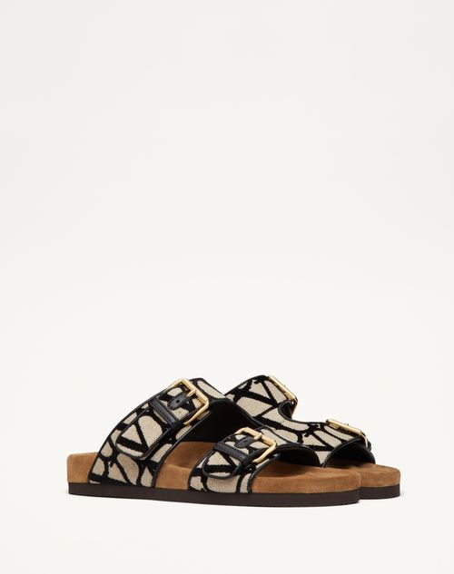 Valentino Garavani - Sandalias Sin Talón Fussfriend De Tela Toile Iconographe - Natural/negro/cigarro - Mujer - Chanclas Y Chancletas