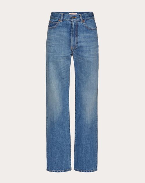 Valentino - Blue Washed Denim Jeans With Valentino Archive 1985 Print - Blue - Woman - Denim Pants