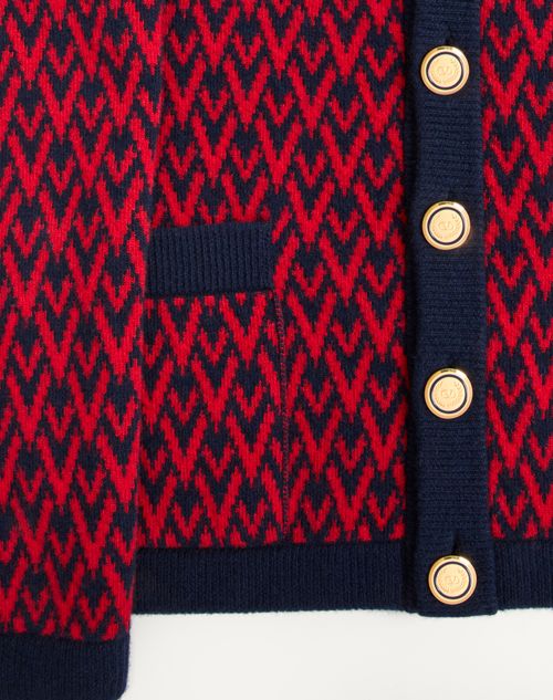 Valentino - Wool Cardigan With Toute La V Pattern - Navy/ Red - Man - Knitwear