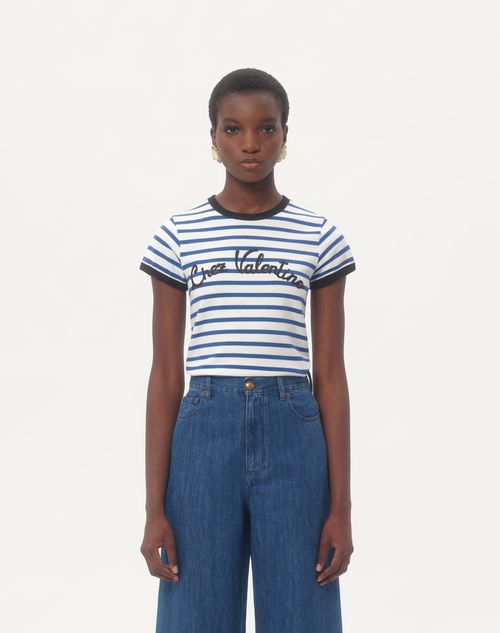 Striped Jersey Cotton T-shirt for Woman in Ivory/blue Striped Jersey Cotton T-shirt for Woman in Ivory/blue