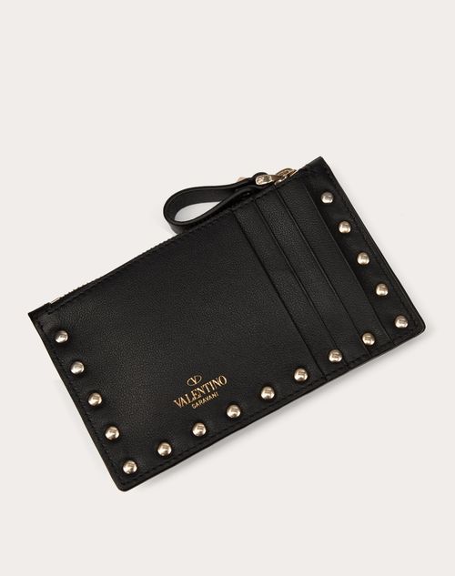 Rockstud Calfskin Cardholder With Zipper for Woman in Black
