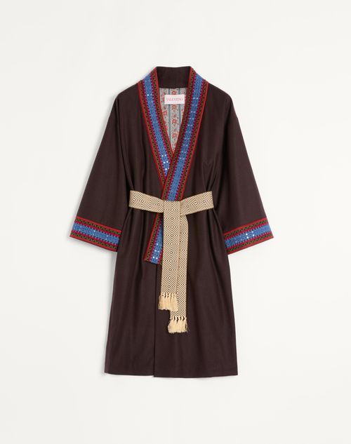 Valentino - Wool Flannel Robe Coat With Jacquard Belt - Dark Fudge - Man - Coats And Blazers