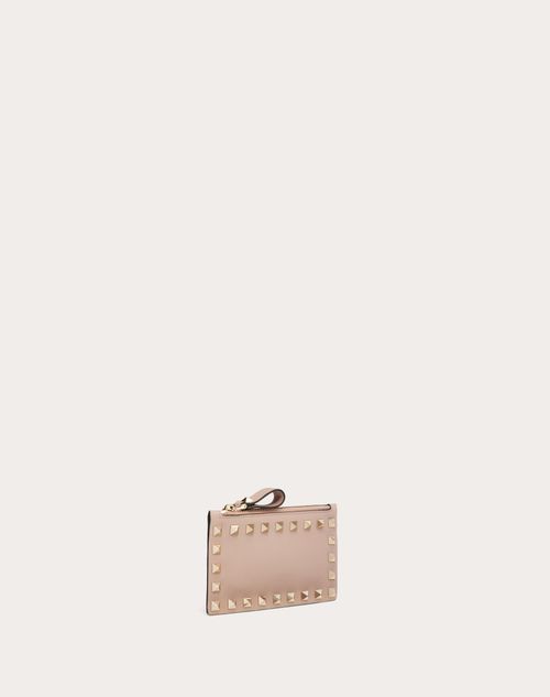 Rockstud Calfskin Cardholder With Zipper for Woman in Black