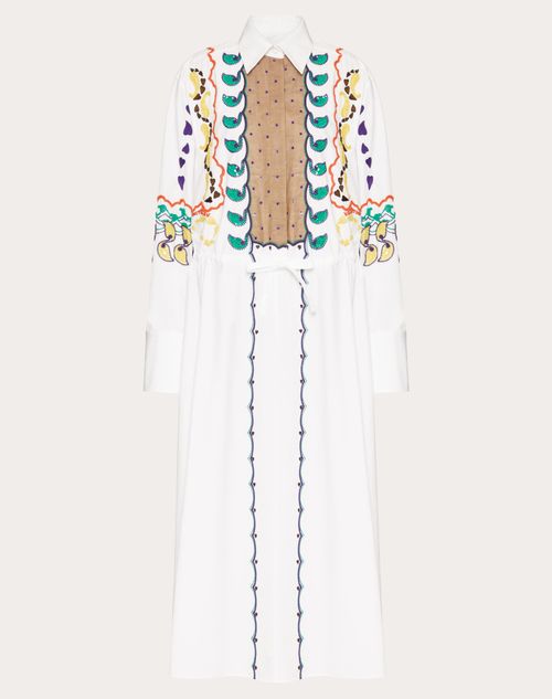 Valentino - Robe Mi-longue Brodée En Popeline De Coton - Blanc/multicolore - Femme - Robes