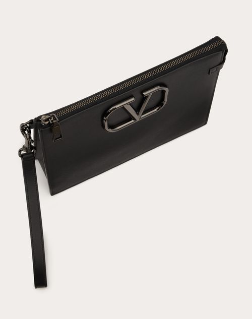 V Logo Leather Pouch in Black - Valentino Garavani