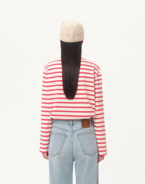 Valentino - Long-sleeved Cotton T-shirt With Chez Valentino Print - Ivory/red - Woman - T-shirts And Sweatshirts