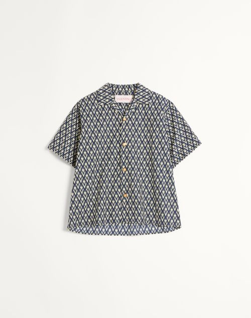 Valentino - Cotton Popeline Bowling Shirt With Toute La V Print - Navy/cream - Man - Shirts