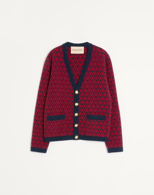 Valentino - Wool Cardigan With Toute La V Pattern - Navy/ Red - Man - Knitwear