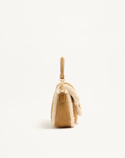 Valentino Garavani - Valentino Garavani Alltime Suede Shoulder Bag With Sheepskin Lining And Embroidered Ribbon Shoulder Strap - Havana Beige - Woman - Shoulder Bags