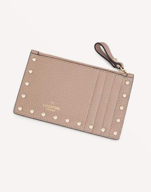 Rockstud Grainy Calfskin Cardholder With Zipper for Woman in Rockstud Grainy Calfskin Cardholder With Zipper for Woman in