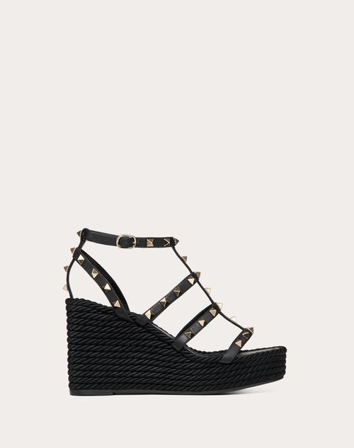 Valentino Garavani - Rockstud Ankle Strap Wedge Sandal In Calfskin Leather 95 Mm - Black - Woman - Espadrilles - Shoes
