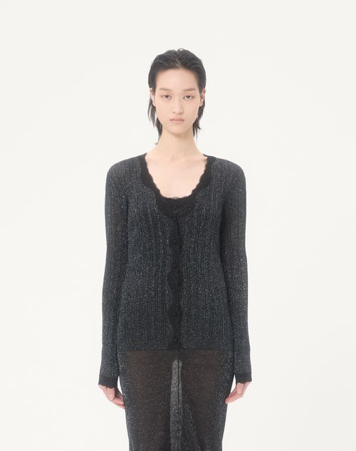 Valentino - Lurex Knitted Cardigan With Lace - Black/silver - Woman - Knitwear