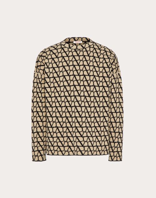 Valentino - Wool Crewneck Sweater With Toile Iconographe Pattern - Beige/black - Man - Ready To Wear