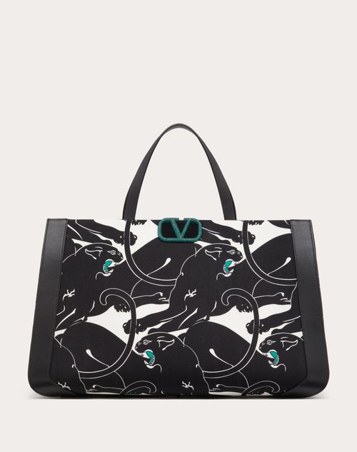 Valentino Garavani - Valentino Garavani Escape Canvas Handbag With Panther Print - Black/white/green - Woman - Totes