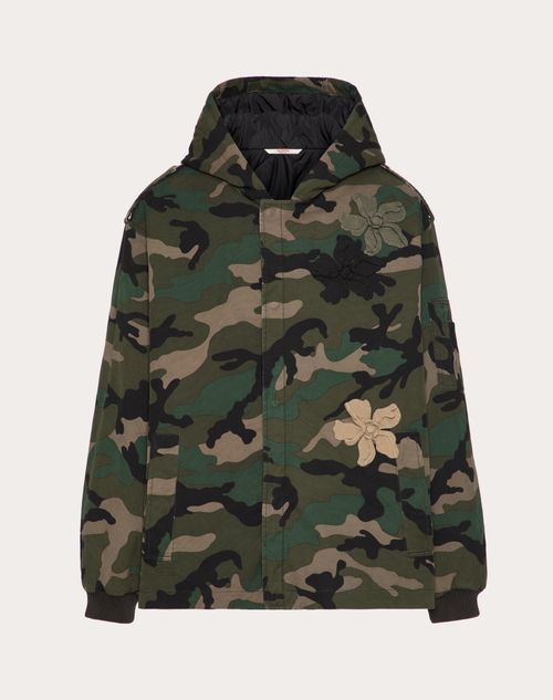 Valentino - Cotton Caban With Hood And Embroidered Camouflower Patch - Army Camo - Man - Outerwear