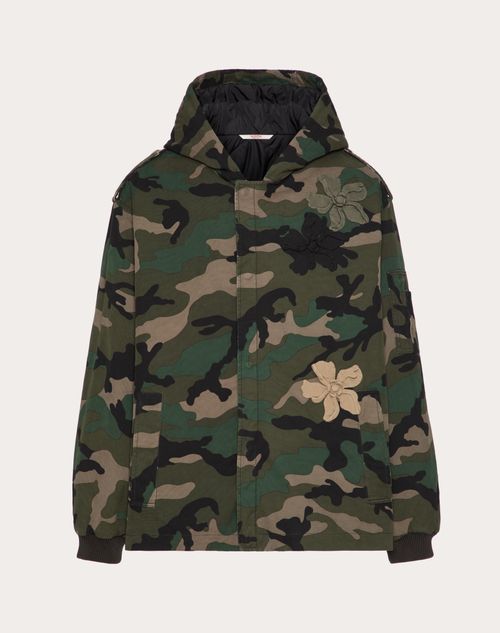 Valentino - Cotton Caban With Hood And Embroidered Camouflower Patch - Army Camo - Man - Apparel