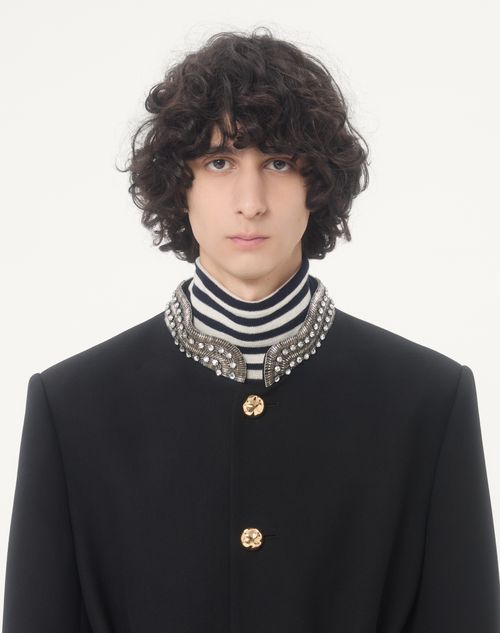Valentino - Valentino Embroidered Jacket With Belt In Wool Gabardine With Vgold - Black - Man - Coats And Blazers