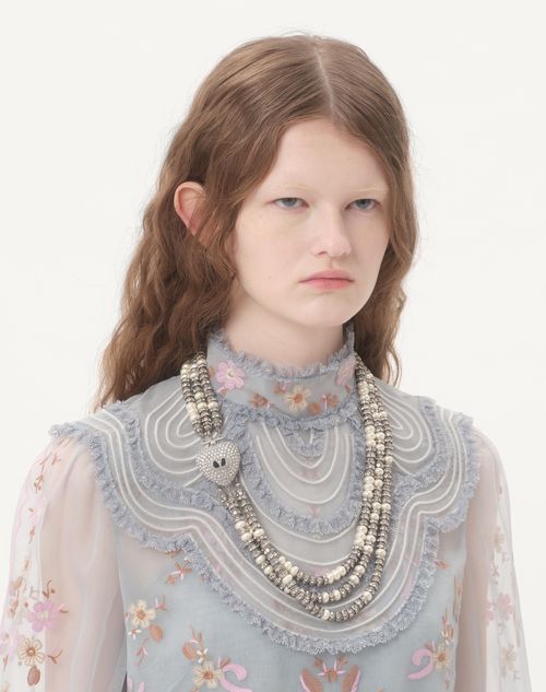 Valentino Garavani - Coeur Royal Necklace In Metal, Enamel, Pearls And Crystals - Palladium - Woman - Jewellery