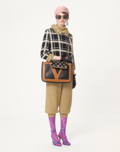 Valentino - Embroidered Macro Check Tweed Jacket - Black/ivory/gold - Woman - Jackets And Blazers