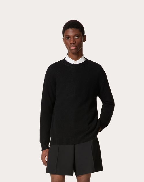 Cashmere Crewneck Sweater With Stud for Man in Black | Valentino US