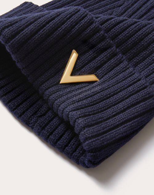 Valentino Garavani - Wool Beanie With Metal V Appliqué - Navy - Man - Hats And Gloves