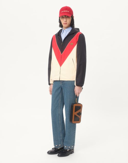 Valentino - Nylon Hooded Windbreaker With Vlogo Patch - Navy/red/blue - Man - New Arrivals