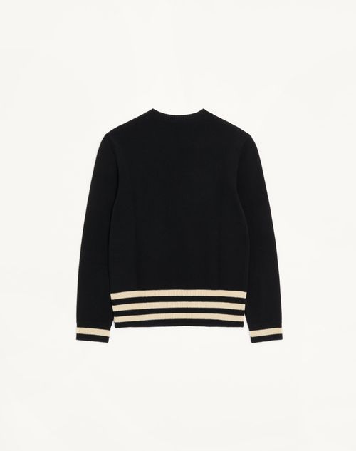 Valentino - Valentino Wool Crewneck Sweater With Star Motif And Vlogo Embroidery - Black/butter - Man - Knitwear