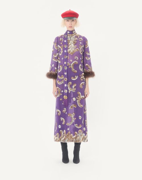 Valentino - フェザー付きエンブロイダリーシフォンドレス - パープル - ウィメンズ - ドレス