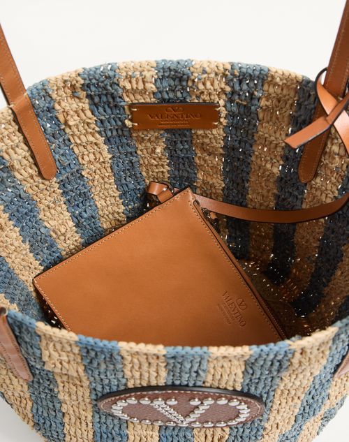 Valentino Garavani - Cabas Valentino Garavani En Raphia À Motif Rayé. - Naturel/bleu D'azur - Femme - Cabas