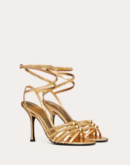 Rockstud Strappy Sandal In Metallic Nappa Leather With Crystals 100mm ...