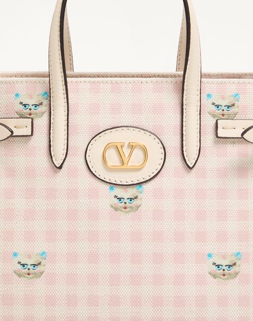 Valentino Garavani - Valentino Garavani Antibes Small Shopping Bag In Vichy Le Chat De La Maison Canvas - Pink/ivory - Woman - Totes