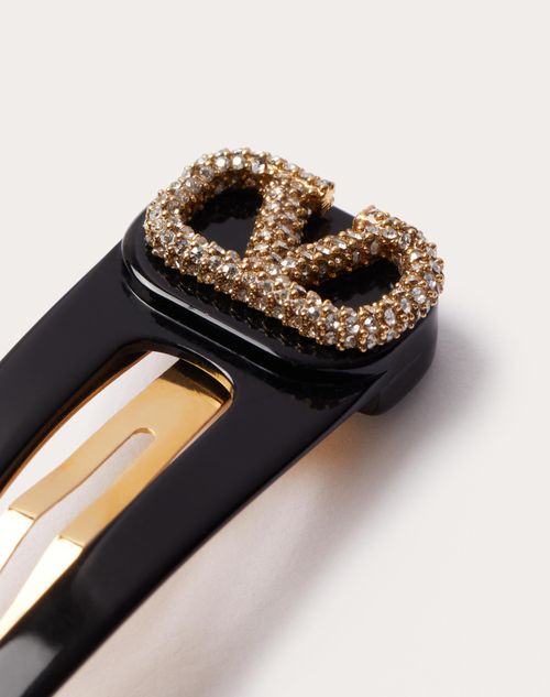 Valentino Garavani - Vロゴ シグネチャー スワロフスキー®クリスタル X メタル X レジン ヘアクリップ - ブラック/ゴールド/クリスタル - ウィメンズ - ヘアーアクセサリー