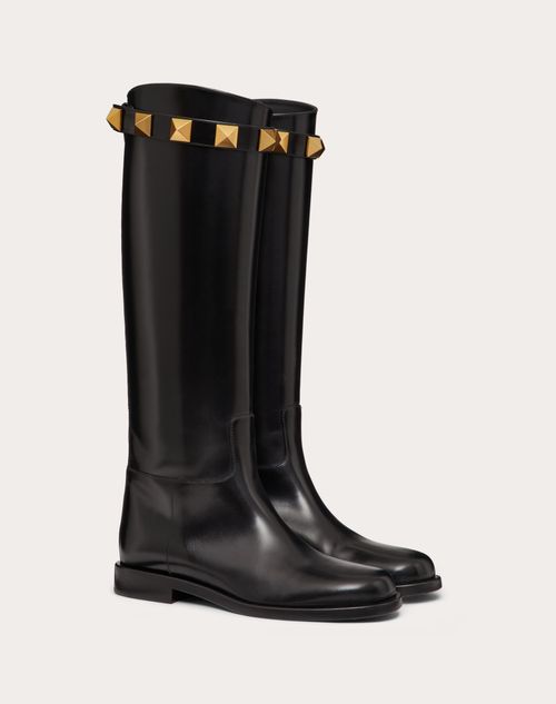 Calfskin Leather Roman Stud Boot 15mm for Woman in Black | Valentino US
