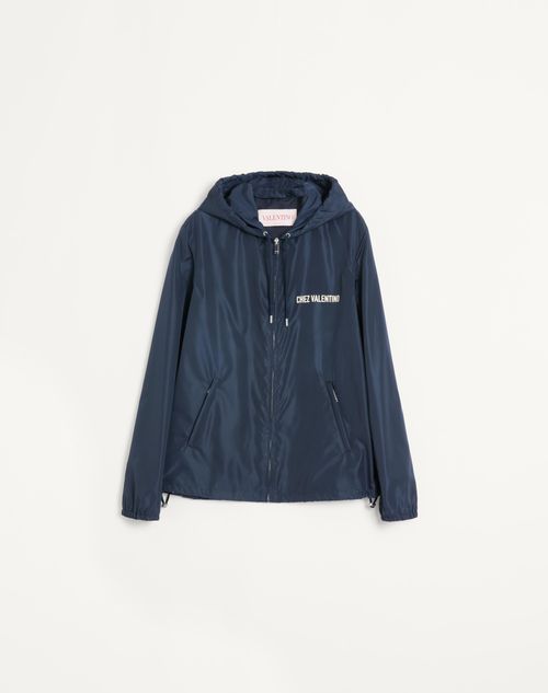 Valentino - Nylon Hooded Windbreaker With Chez Valentino Print - Blue/ivory - Man - Man Ready To Wear Sale