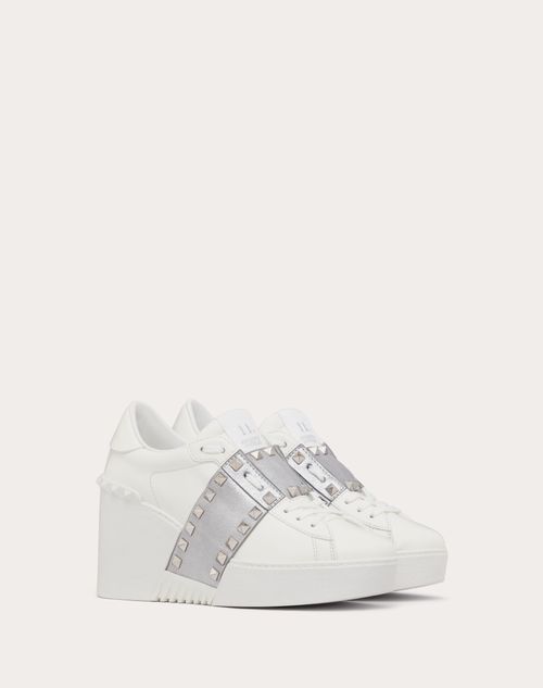Valentino Garavani - Open Disco Wedge Trainer In Calfskin With Metallic Band And Matching Studs 85mm - White/silver - Woman - Trainers