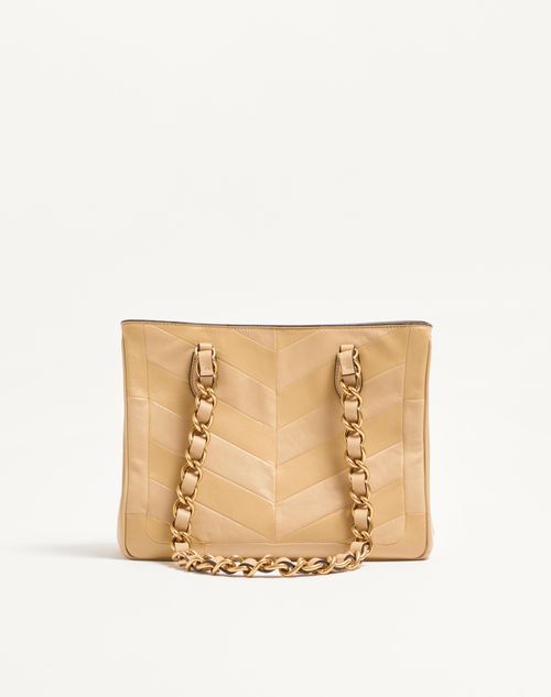 Valentino Garavani - Valentino Garavani Laseine Small Shopping Bag In Chevron-patterned Nappa Leather - Gold Beige - Woman - Totes