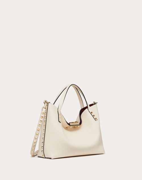 Valentino Garavani - Small Rockstud Grainy Calfskin Bag With Contrasting Lining - Light Ivory/ruby - Woman - Totes