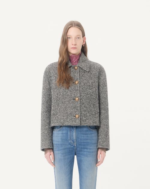 Valentino - Urban Wool Chevron Peacoat - Ivory/black - Woman - Jackets And Blazers