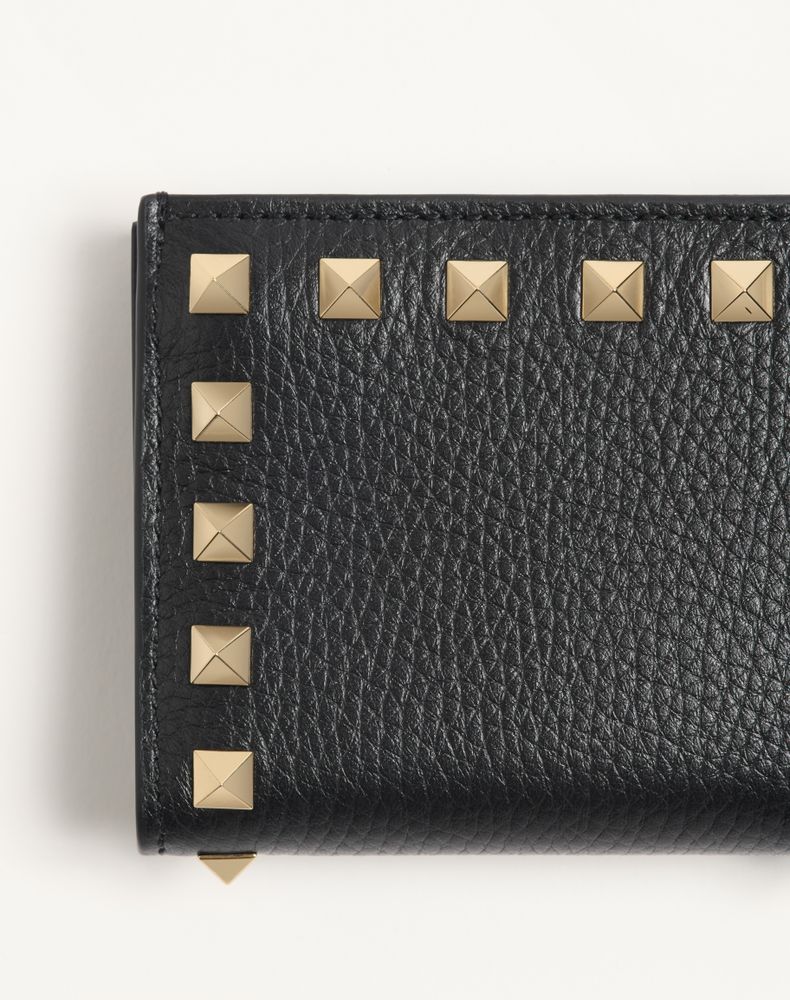 Valentino Garavani Rockstud Wallet In Grainy Calfskin Woman Black Uni