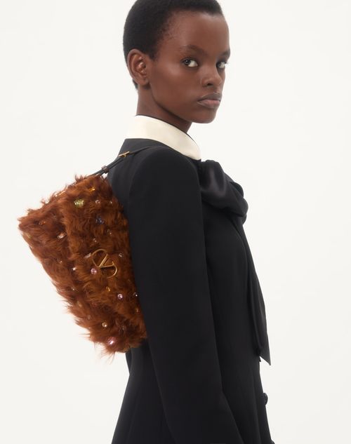 Valentino Garavani - Valentino Garavani Devain Small Shoulder Bag In Lamb Fur With Rhinestones. - Brown - Woman - Shoulder Bags