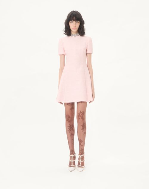 Valentino - Abito Corto In Crinkle Cotton Tweed Ricamato - Rosa/silver - Donna - Abiti