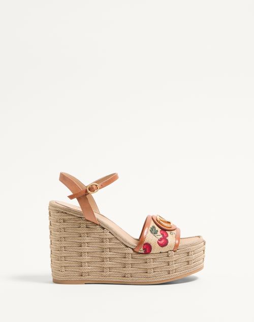 Valentino Garavani - Vlogo Signature Cherryfic Pattern Wedge Sandal 120mm - Natural/red - Woman - Espadrilles And Wedges