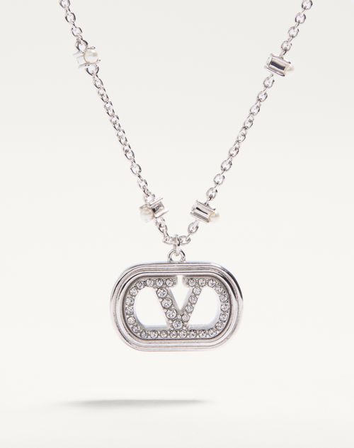 Valentino Garavani - Vlogo Signature Metal Necklace With Pearls And Swarovski® Crystals - Rhodium - Woman - Jewellery