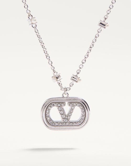 Valentino Garavani - Vlogo Signature Metal Necklace With Pearls And Swarovski® Crystals - Rhodium - Woman - Jewellery
