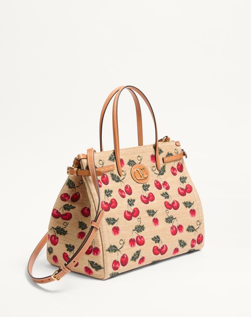 Valentino Garavani - Valentino Garavani Antibes Medium Shopping Bag In Jacquard Synthetic Raffia With Cherryfic Motif - Natural/red - Woman - Bags