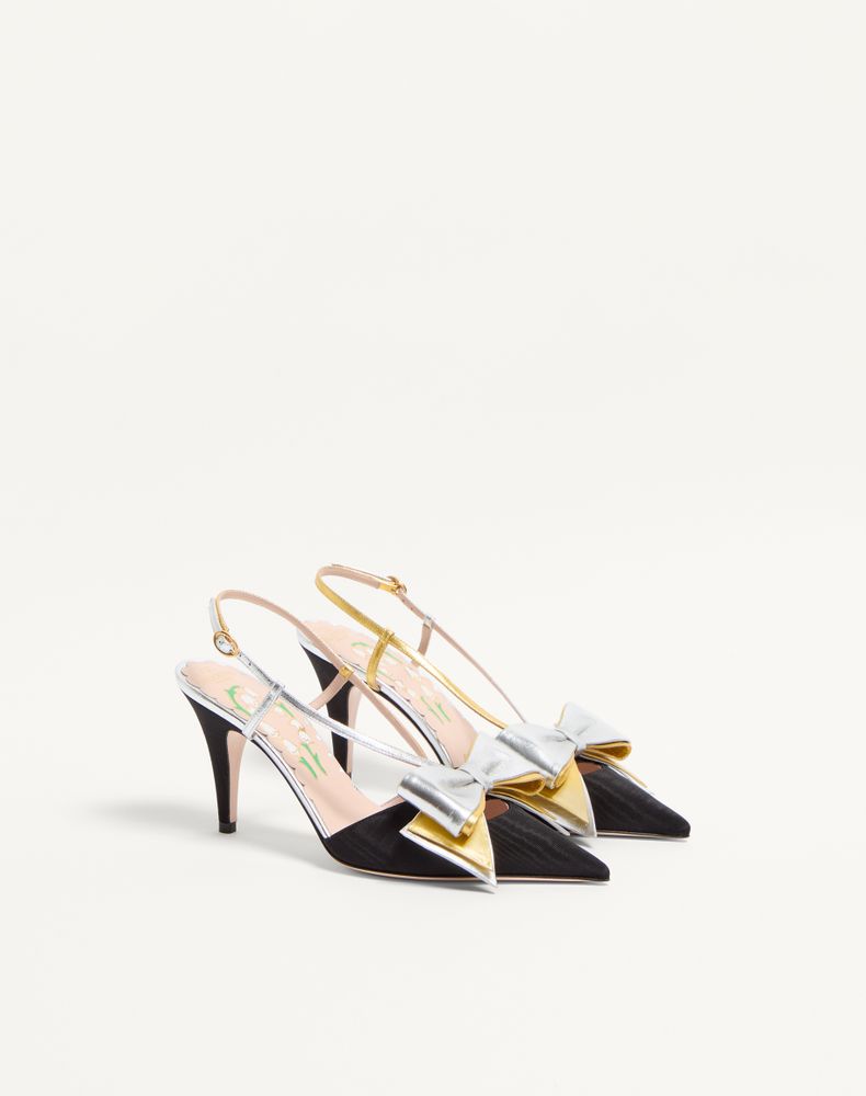 Valentino Garavani Bowow Slingback Pumps In Moirè Fabric 85Mm Woman Black/Silver/Antique Gold 37.5