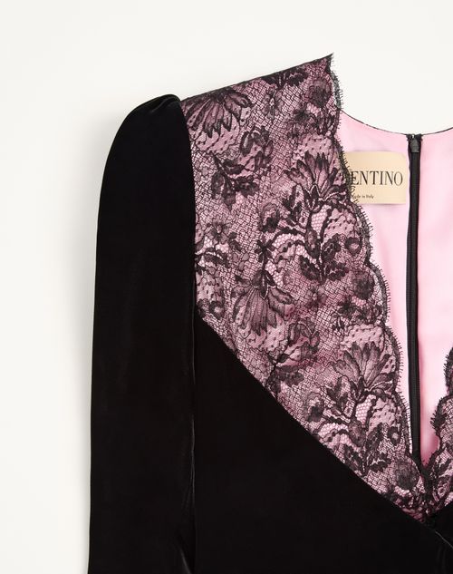 Valentino - Abito Corto In Velluto Con Pizzo - Nero/rosa - Donna - Abiti